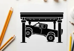 Silhouette of a pickup truck under a carport or garage silhouette