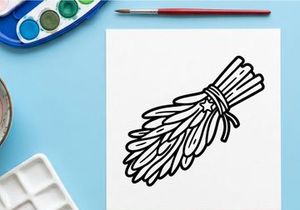 Hand-drawn Halloween broomstick with bow knot. Vintage witch flying accessory illustration for spooky decor.