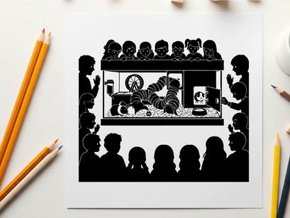 Silhouette of people watching a tiger in a glass box exhibit