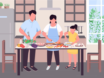 Family cooking together flat color vector illustration preview picture