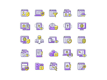 Online surveillance and censorship purple RGB color icons set preview picture
