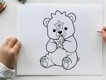 Cute white teddy bear holding star vector illustration
