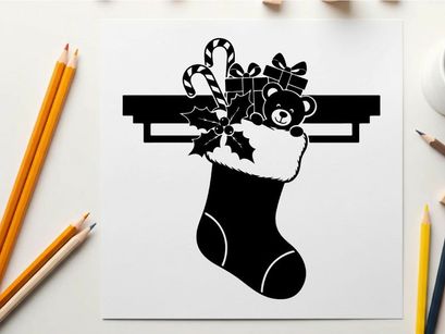 Christmas stocking silhouette with teddy bear and candy cane