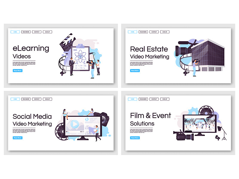 Video marketing production landing page vector templates set