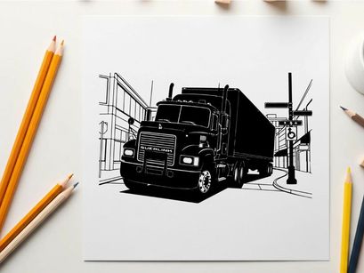 Silhouette of a semi truck driving down a city street