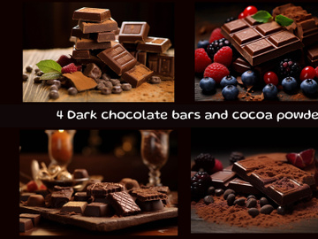 Dark chocolate bars and cocoa powder on wooden background preview picture