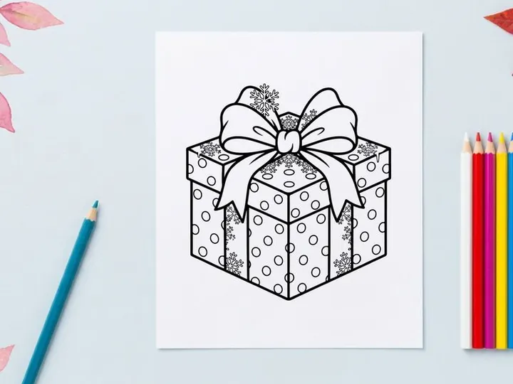 Christmas gift box with polka dot pattern and bow, black and white line art illustration.