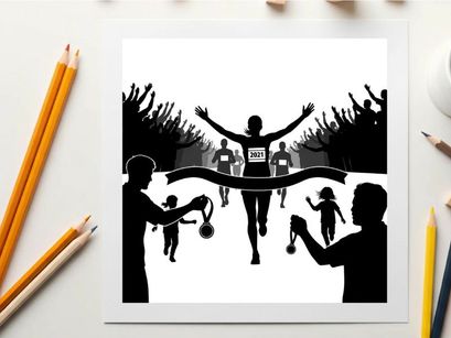 Victorious runner crossing finish line in silhouette