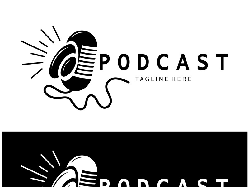 podcast logo with microphone and earphone audio, radio waves. for studio, talk show, chat, information sharing, interview, multimedia and web.