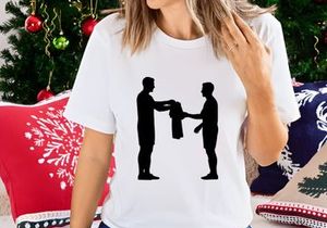 Two men exchanging a jacket in a simple black silhouette illustration