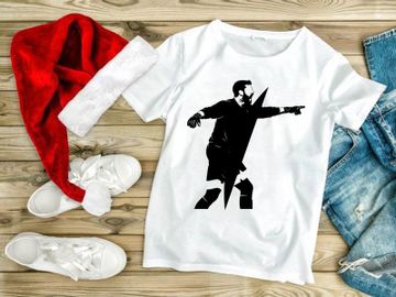 A man in a dynamic pose with arms outstretched and pointing to the right side preview picture