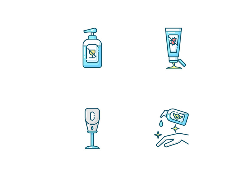 Disinfectant hand sanitizers blue RGB color icons set