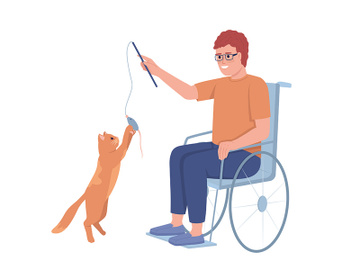 Disabled man playing with his cat semi flat color vector characters preview picture