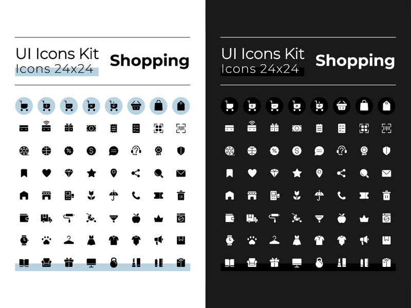 Shopping glyph ui icons set for dark, light mode