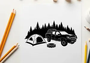 Camping silhouette scene with truck and tent in forest