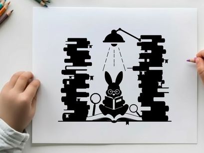 Silhouette of a rabbit reading under a desk lamp silhouette