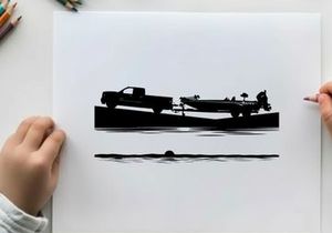 Silhouette of a pickup truck towing a boat on a trailer by the water