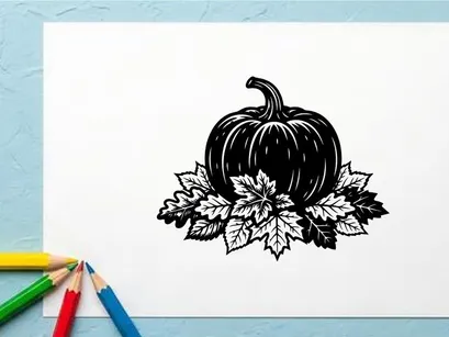 Abóbora Preta com Folhas para Decoração de Halloween ou Outono