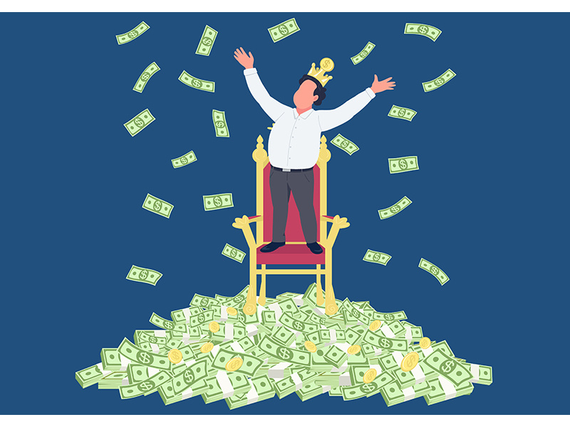 Successful businessman with crown on pile of money flat concept vector illustration