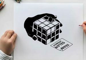 Hand holding a rubik's cube with strategy notes silhouette