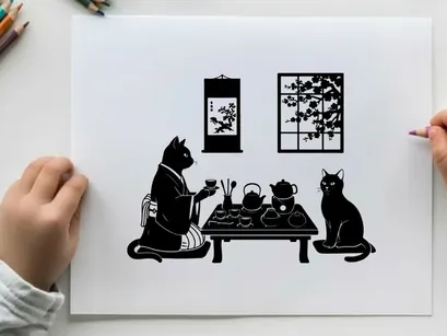 Two cats in silhouette enjoying traditional japanese tea ceremony