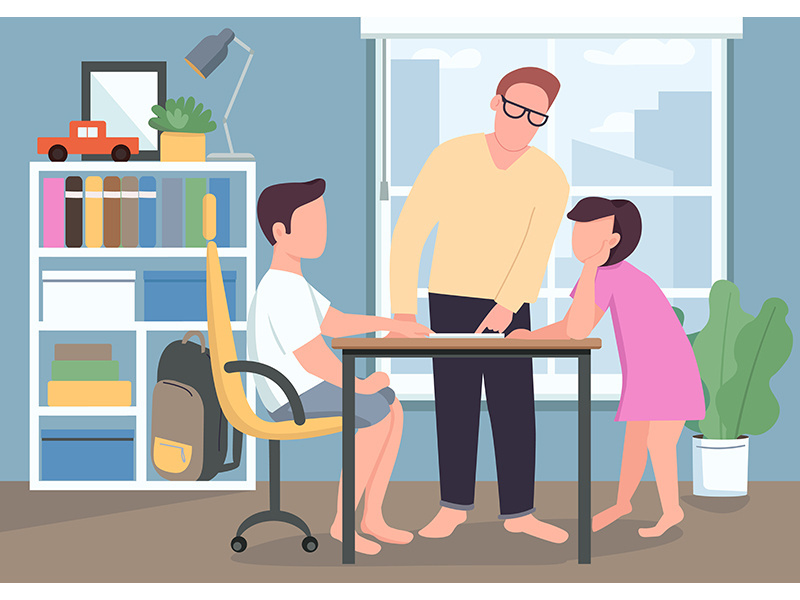 Father help kids with homework flat color vector illustration