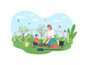 Planting tree together 2D vector web banner, poster preview picture