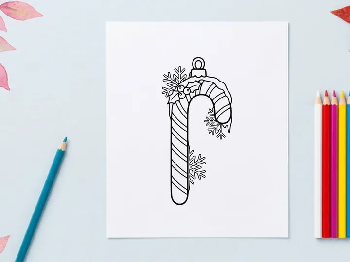 Christmas candy cane ornament line art illustration with holly and snowflakes