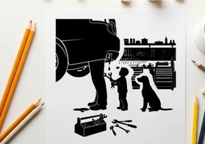 Silhouette of a man and boy working on a car with dog