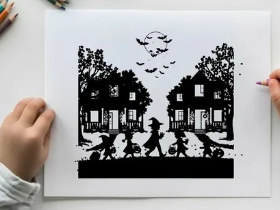 Halloween scene with children trick or treating on a spooky autumn night