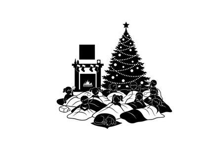 Christmas silhouette of children sleeping near tree and fireplace