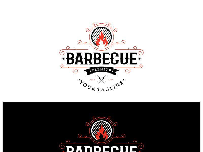 Simple Barbecue Vintage hot grill, with crossed flames and spatula. Logo for restaurant, badge, cafe and bar.vector
