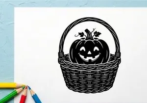 Labu Halloween dalam Keranjang Anyaman dengan Wajah Ukiran dan Daun