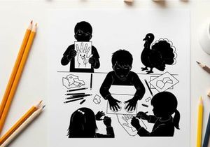 Children's art activity with silhouette of kids and a turkey