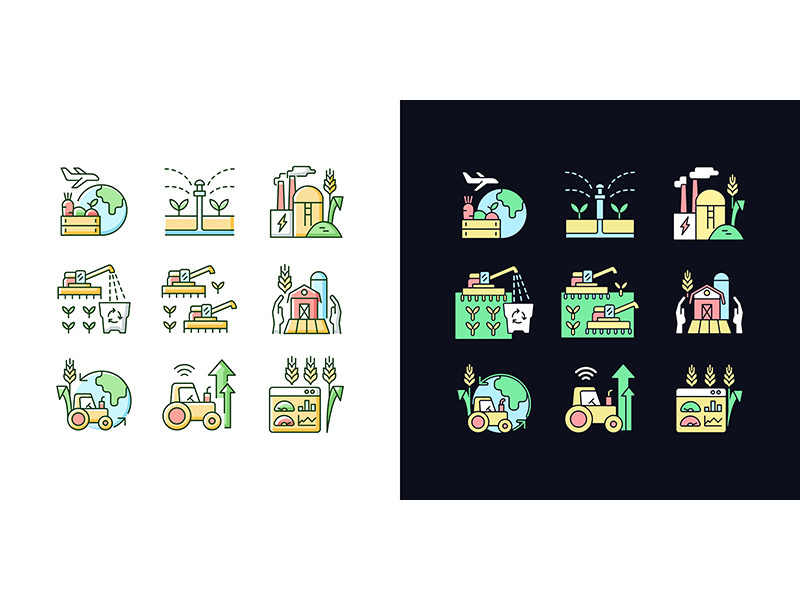 Agricultural business light and dark theme RGB color icons set