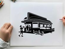 Vintage diner with silhouette of people and classic car