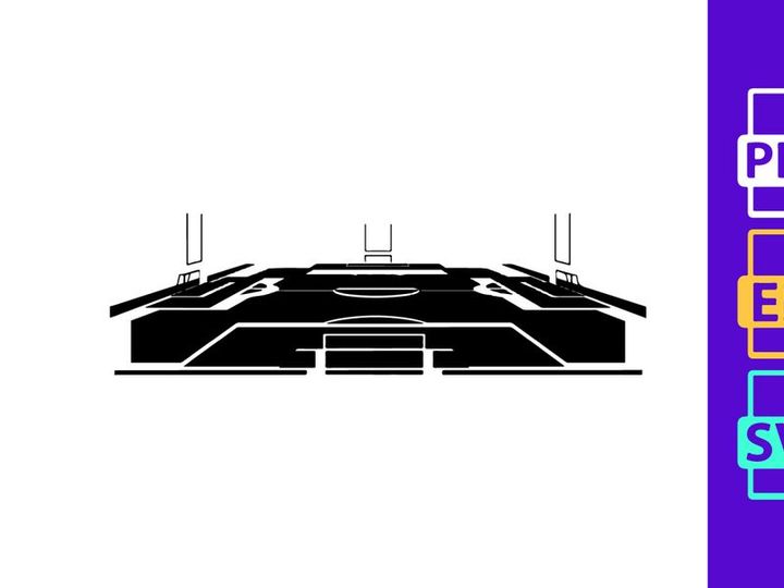 Black and white illustration of a sports field with goalpost and markings