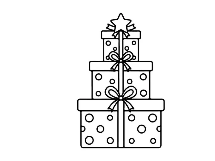 Christmas gift boxes stack with polka dot pattern and star topper line art illustration.
