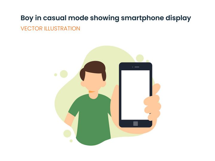 Boy in casual mode showing smartphone displaying
