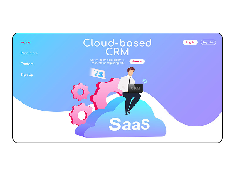 Cloud based CRM landing page flat color vector template