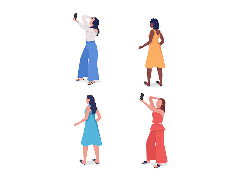 Girl posing for photo semi flat color vector character set