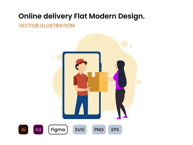 Online delivery. post man with box, woman and parcel.