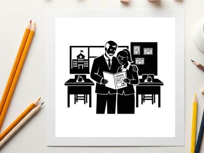 Silhouette of business people reviewing documents in office setting