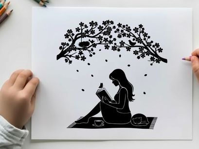 Silhouette of a woman reading under a blooming tree silhouette