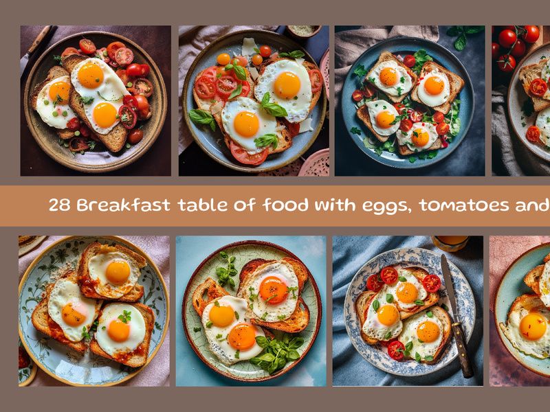 Breakfast table of food with eggs, tomatoes and bread