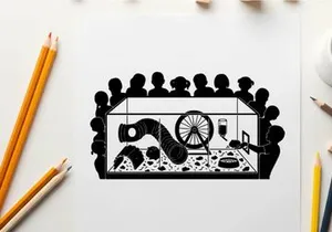 Silhouette of people watching a machine in a glass case silhouette