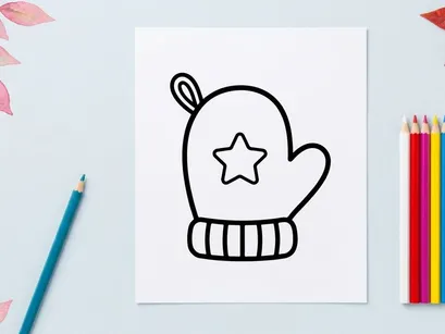 Sarung tangan musim dingin lucu dengan pola bintang untuk anak-anak. Ilustrasi sarung tangan rajut buatan tangan yang nyaman untuk desain liburan dan cuaca dingin.