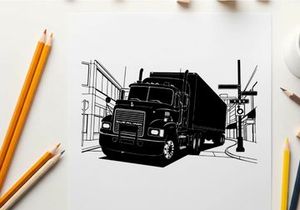 Silhouette of a semi truck driving down a city street