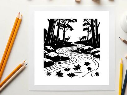 Serene forest stream with deer silhouette at dusk