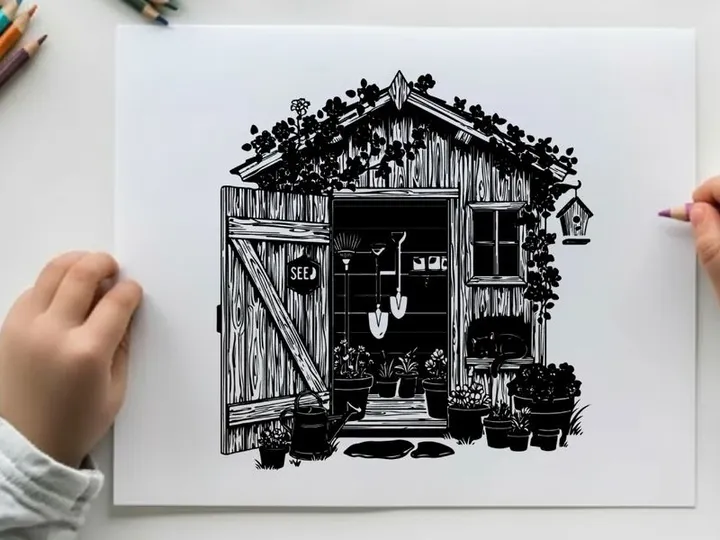 Silhouette of a cozy rustic wooden shed with plants